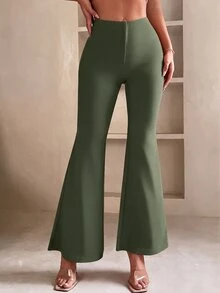 SHEIN PETITE 女款素色休閒百搭日常穿著喇叭褲 - 軍綠色 - 查看 6