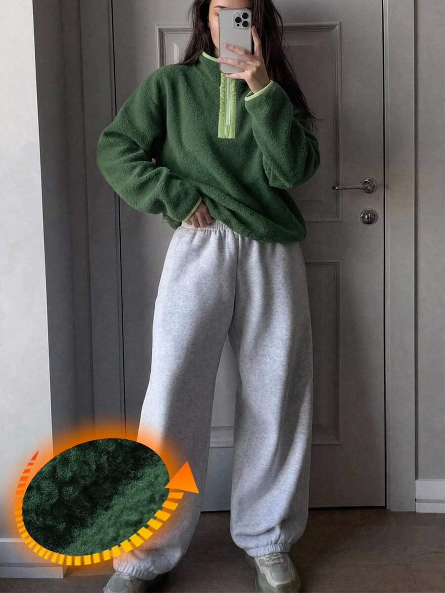 DAZY 女款拉鍊半開襟長袖上衣與長褲居家休閒套裝 - 棕色 - 查看 1