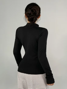 DAZY Women's Casual Half-Zip Long Sleeve Sports T-Shirt - Black - View 7