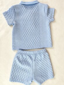 SHEIN Vintaside Kids 2件組男嬰夏季休閒套裝 鈕扣羅紋 Polo 衫搭配鬆緊腰短褲套裝 - 藍色 - 查看 2