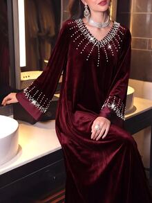 Al Najma Women's Autumn Winter VNeck Beaded Burgundy Velvet Elegant Dress Velvet Burgundy Vintage Fall/Winter Christmas New Year - Burgundy - View 5