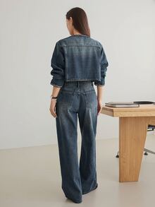 DAZY Women's Open Front Long Sleeve Jacket And Pants Casual Daily Denim Set - Medium Wash - View 2