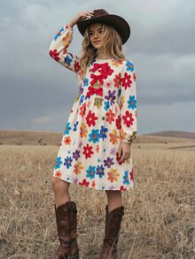 Tween Girl Floral Pattern Bow Decor Round Neck Long Sleeve Cute Dress - Red - View 5