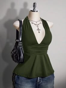 SHEIN ICON 大尺碼 V 領收腰 A 字版型露背黑色細肩帶背心，復古哥德性感 Y2K 掛脖娃娃上衣，夏季電音派對外出上衣 - 軍綠色 - 查看 7