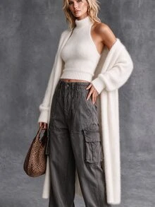 LUMIGAL Women's Solid Color Halter Top And Long Sleeve Cardigan Knit 2 Pieces Set - White - View 3