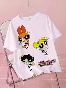 THE POWERPUFF GIRLS X SHEIN Áo thun nữ size lớn cổ tròn tay ngắn in chữ và hoạt hình phong cách thường ngày - trắng - Xem 1