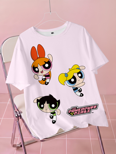 THE POWERPUFF GIRLS X SHEIN Plus Size Women's Letter Cartoon Print Crew Neck Short Sleeve Casual T-Shirt