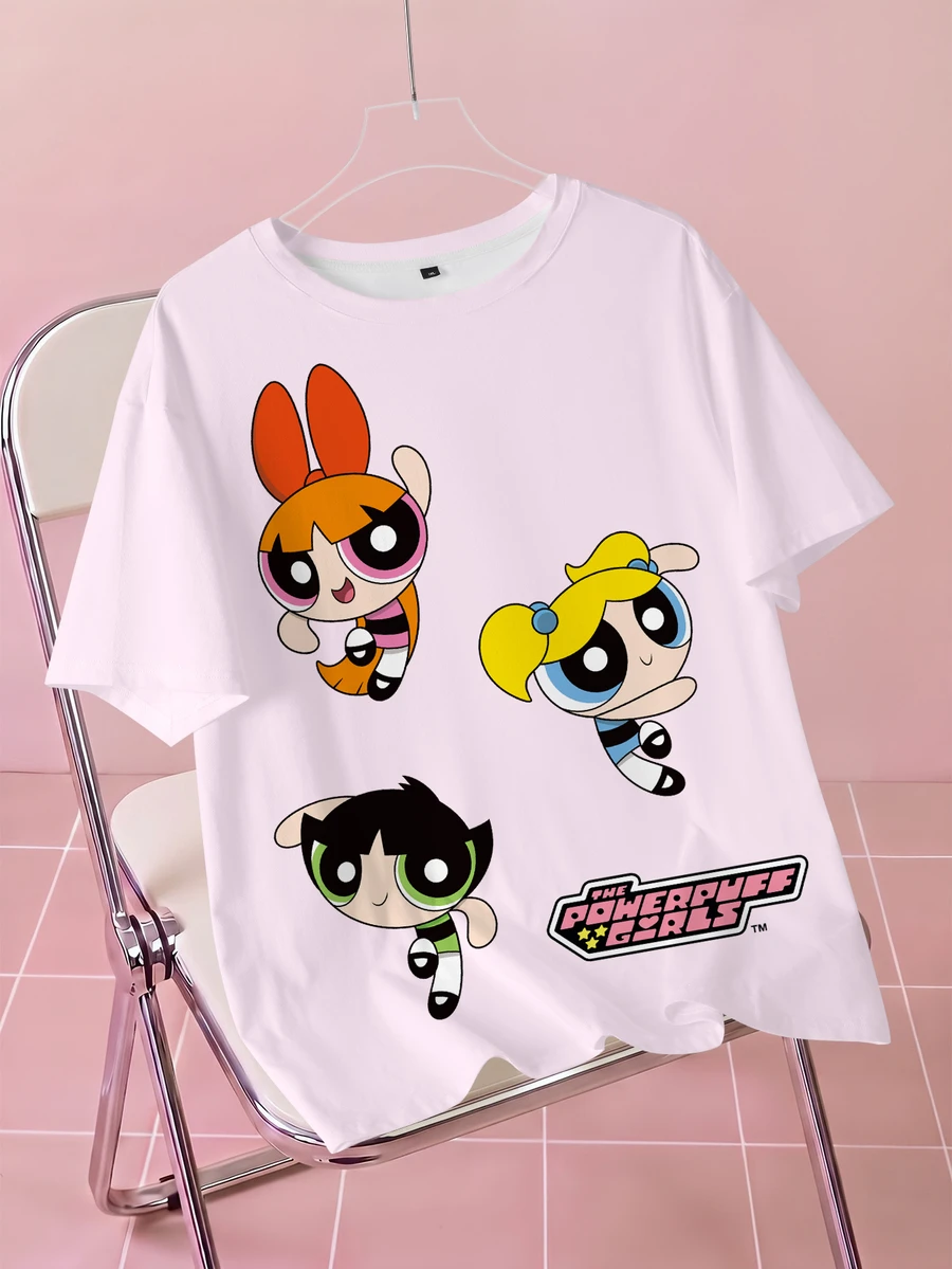 THE POWERPUFF GIRLS X SHEIN Áo thun nữ size lớn cổ tròn tay ngắn in chữ và hoạt hình phong cách thường ngày - trắng - Xem 1