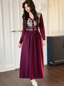 Feyla Women's Geometric Pattern Button Half-Placket Long Sleeve Knit Dress - Burgundy - View 3