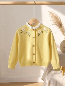 SHEIN 女童針織刺繡拼色立領休閒秋季開襟衫 - 黃色 - 查看 2
