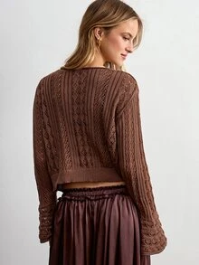 Willow Rêve Women's Brown Open Front Jacquard Knit Cardigan With Bell Sleeves - Rust Brown - View 2