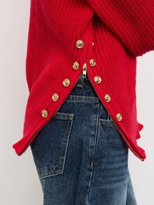 Maija Holiday Urban Party Red Autumn/Winter Women's High-Neck Ribbed Loose Side-Seam Metal Decor Sweater - Red - View 3