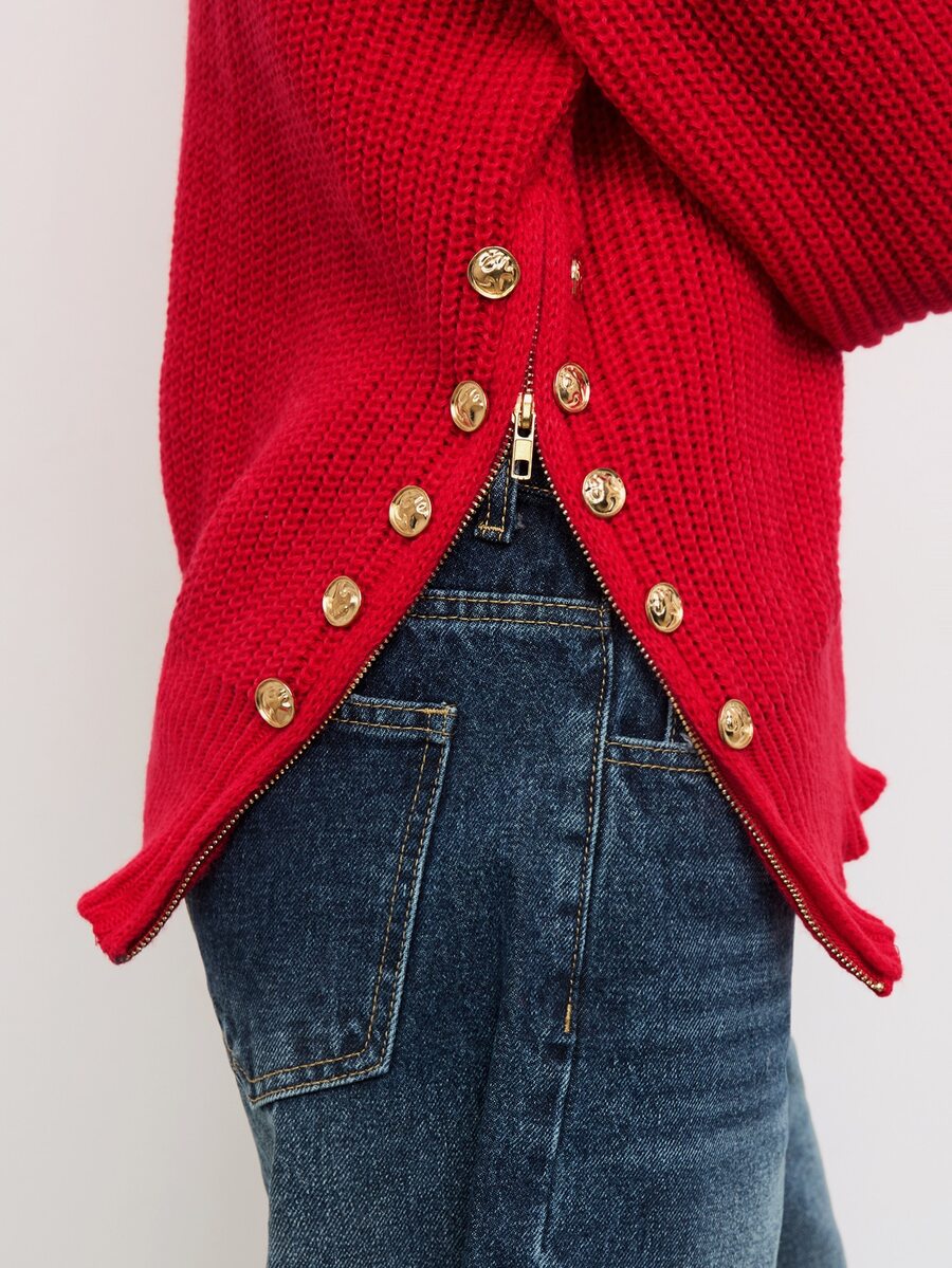Maija Sweater Wanita Musim Gugur/Dingin Warna Merah untuk Pesta Urban Musim Gugur/Dingin, Kerah Tinggi, Bergaris, Longgar, dengan Hiasan Logam di Jahitan Samping - Merah - View 1