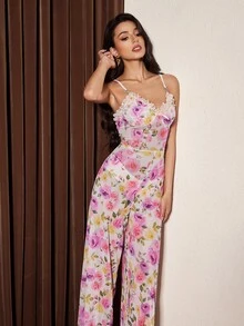 Slumberist French Floral Lace Cami Camisole, Waist-Flattering Ruffle Wide Leg Lounge Pants - Apricot - View 4