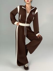 DAZY Women's Colorblock Long Sleeve Top And Pants Casual Daily Sports Set - Brown - View 9