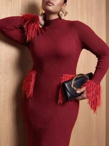 Zivah Plus Size Women's Ribbed Knit Sweater Dress With Tassel Decor - Burgundy - View 5