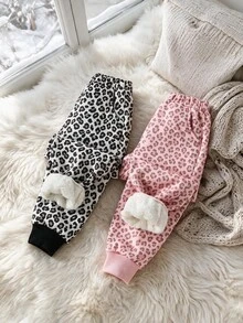 2件組女童幼兒保暖內裡運動長褲，時尚豹紋彈性腰收口慢跑褲，秋冬加厚抓絨長褲，柔軟彈性粉色豹紋＋經典豹紋寬鬆版型小女孩運動褲 - 彩色 - 查看 2