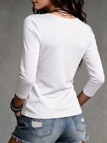 LUMIGAL 女款 2026 秋冬 透視領口拼接長袖內搭 T-shirt - 白色 - 查看 2