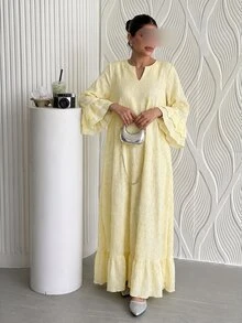 SHEIN Najma 女款菱形領紋理波點布料荷葉邊袖口七分袖大裙擺阿拉伯風洋裝 - 黃色 - 查看 4