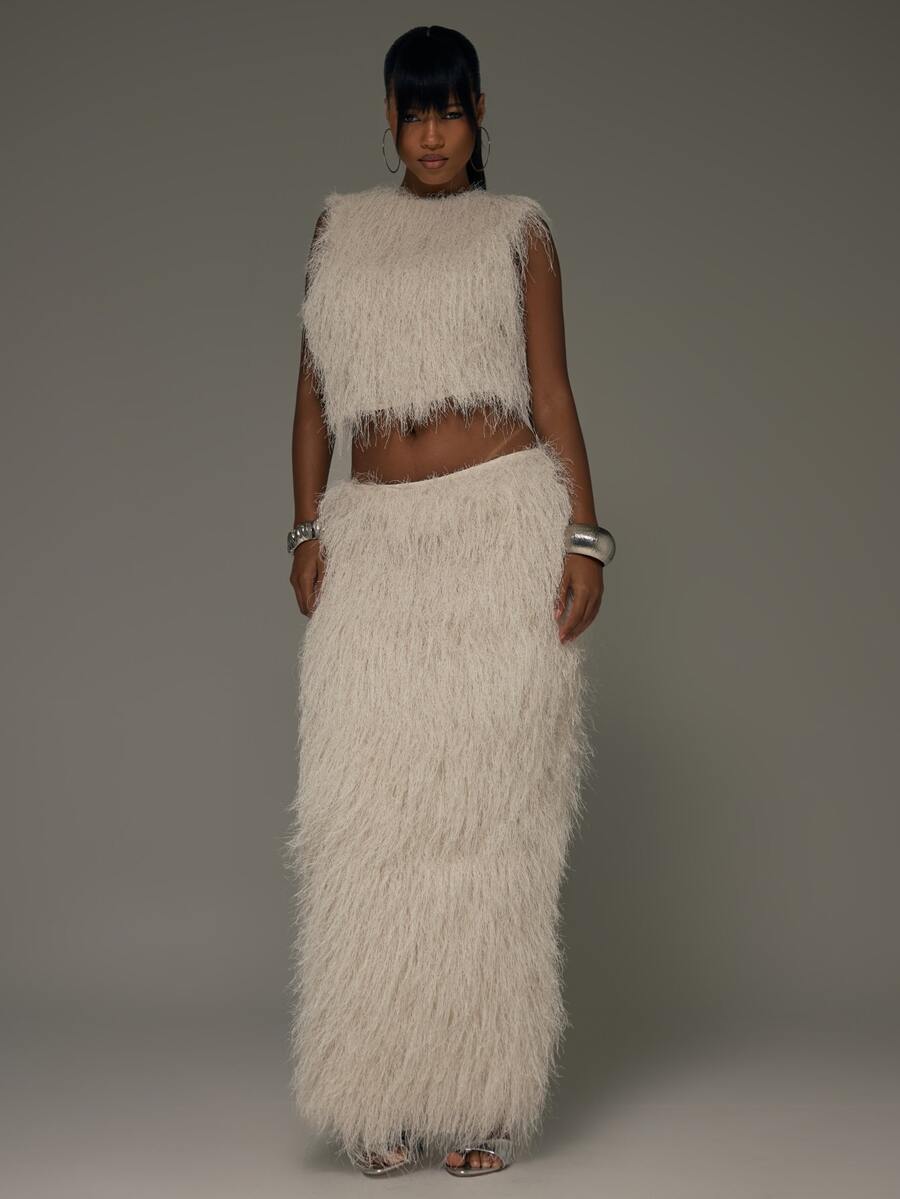MUSERA White Shaggy Fur Maxi Skirt Fall Autumn Winter Sexy Going Out Instinct Halloween - White - View 1