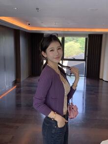 DAZY Flattering Grape Purple Textured Long Sleeve Knit Cardigan Top For Women, Sweet & Spicy Style - Purple - View 5
