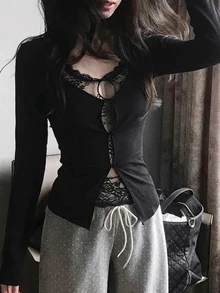 DAZY 女款蕾絲二合一長袖上衣，V領、扭轉腰部、不對稱下擺、拇指孔袖口，底層穿搭 - 黑色 - 查看 2