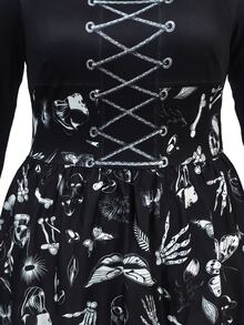 Rometta 大尺碼女款萬聖節優雅哥德風星空暗黑印花亡靈節長袖洋裝，黑色與白色，適合晚宴派對、婚禮賓客、秋季穿著 - 黑色 - 查看 4