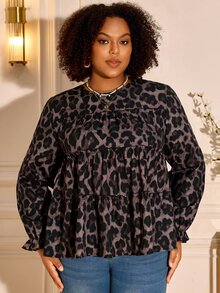 BrightlyHer Plus Size Women's Leopard Print Pleated Casual Daily Long Sleeve Shirt - Brown - View 4