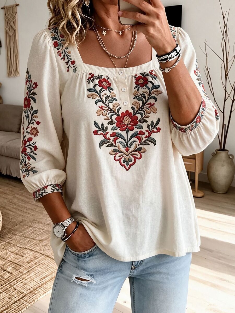Linhara CURVE Women's Plus Size Spring/Summer Casual Vacation Square Neck Button Mid-Sleeve Solid Color Blouse, Suitable For Daily And Vacation Wear - Apricot - View 1