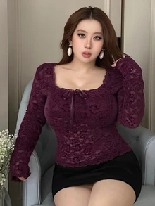 Dazy Plus Áo ngủ ren thanh lịch có đệm ngực, màu tím quyến rũ - Màu đỏ tím - Xem 5