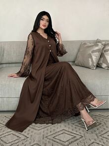 Al Najma Autumn/Winter V-Neck Lace Long Sleeve Inner Layer Lace 2 In 1 Elegant Elegant Fashionable Generous Women's Dress - Brown - View 9
