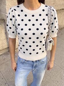 Muvela 女款圓領波點針織上衣，休閒百搭日常款，適合秋冬、正式、商務、時尚、返校、聖誕、新年、外出 - 杏色 - 查看 9