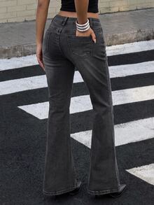 Jeanoix Women's Y2K Fashion Button Washed Denim Flare Pants - Grey - View 2