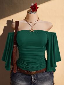SHEIN ICON 女款大尺碼露肩純色喇叭袖時尚上衣 - 墨綠色 - 查看 3