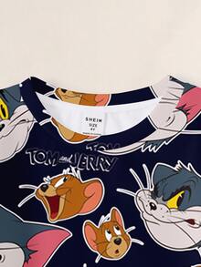TOM & JERRY X SHEIN طقم كنزة رياضية بأكمام طويلة مطبوعة برسومات كرتونية وسروال ضيق للأولاد الصغار - أبيض - مشاهدة 8
