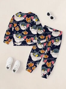 TOM & JERRY X SHEIN طقم كنزة رياضية بأكمام طويلة مطبوعة برسومات كرتونية وسروال ضيق للأولاد الصغار - أبيض - مشاهدة 2