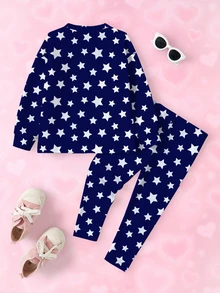 THE POWERPUFF GIRLS X SHEIN 女童五角星印花長袖運動衫與長褲休閒套裝 - 白色 - 查看 2