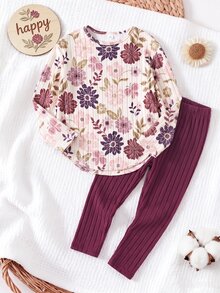 SHEIN Vintaside Kids 青少年女孩秋季套裝 3件/組 溫柔復古風，花卉長袖上衣、修身長褲，秋季返校穿搭 - 紫色 - 查看 3
