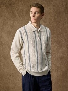 Manfinity CityGents 男士 Polo 領半拉鍊長袖套頭毛衣，休閒針織秋冬服飾，米色與白色拼接寬鬆版型通勤穿搭，直條紋與波浪圖案套頭毛衣 - 米色 - 查看 6