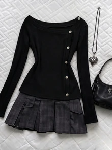 INAWLY Plus Size Black Ribbed Knit Cold Shoulder Long Sleeve Top With Asymmetric Button Closure For Women - Black - View 1