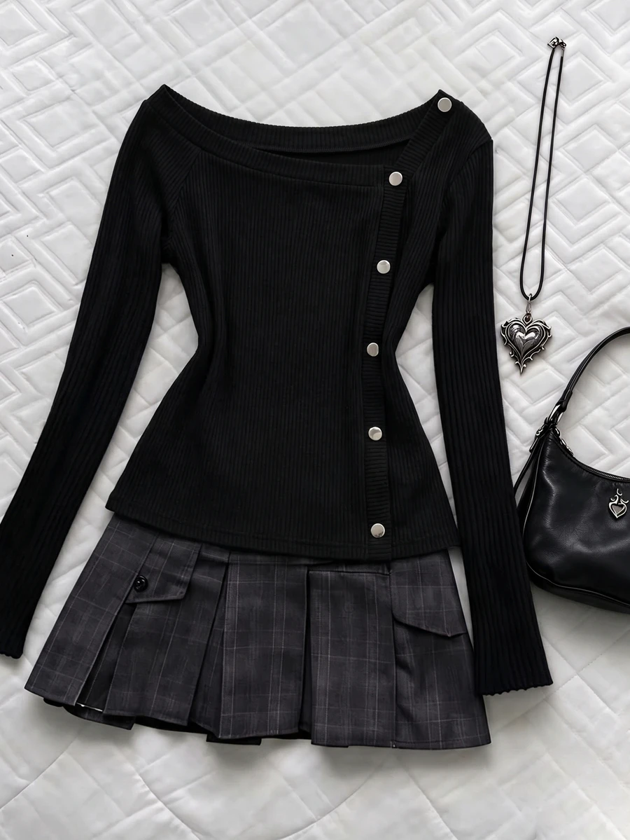 INAWLY Plus Size Black Ribbed Knit Cold Shoulder Long Sleeve Top With Asymmetric Button Closure For Women - Black - View 1