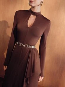 MOTF PREMIUM WOMEN'S ELEGANT HOLLOW OUT SEXY LONG SLEEVE FRONT SLIT DRESS - Coffee - View 2