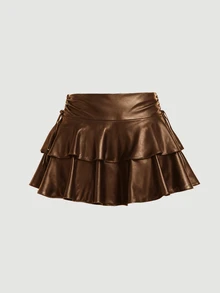 SHEIN MOD 女款休閒抽繩綁帶雙層蛋糕裙，PU布料棕色 - 棕色 - 查看 2