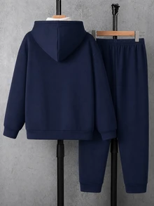 SHEIN 兒童青少年男孩休閒運動加厚連帽開襟運動衫與運動長褲套裝，適合秋冬、學校、居家、派對、度假，秋季穿搭、冬季穿搭，男孩兒童套裝 - 藏蓝色 - 查看 4
