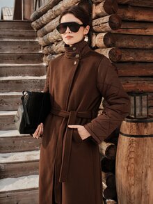 Anewsta Winter Coffee-Colored Wool Blend Patchwork Padded Long Coat With Stand Collar - Coffee Brown - View 5