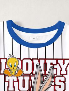 LOONEY TUNES X SHEIN 小男孩字母條紋印花圓領短袖休閒T恤 - 白色 - 查看 3