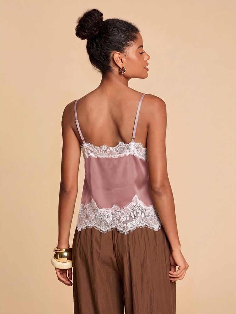 Travachic Women's Summer Casual Solid Color Contrast Lace Camisole,Summer Top - Pink - View 2