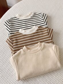 SHEIN 3件組嬰兒男/女童休閒基礎條紋圓領衛衣，秋冬中性嬰兒服飾 - 彩色 - 查看 4