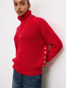 Maija Holiday Urban Party Red Autumn/Winter Women's High-Neck Ribbed Loose Side-Seam Metal Decor Sweater - Red - View 6