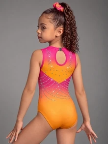 Young Girls' Sleeveless One-Piece Athletic Leotard, Gymnastics Suit With Full-Body Gradient Print And Colorful Rhinestones, Suitable For Yoga, Gymnastics Training, School Competitions, Skin-Friendly Stretch Fabric - Multicolor - View 2